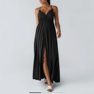 Halara Breezeful V Neck Crisscross Backless Split Flowy Maxi Dress Black L NWT